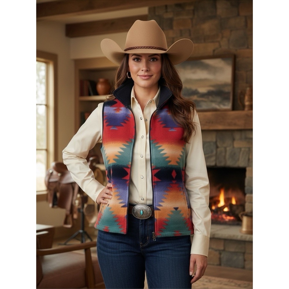 Chaps Sport Fleece Vest Women M Aztec Cowgirl Rodeo Ranch Western